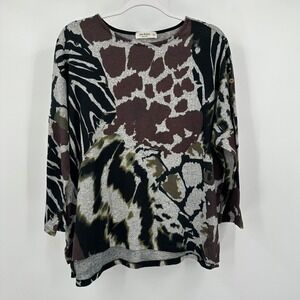 Jess & Jane Womens Boho Animal Print Top Size M Oversized Eclectic Mixed Media